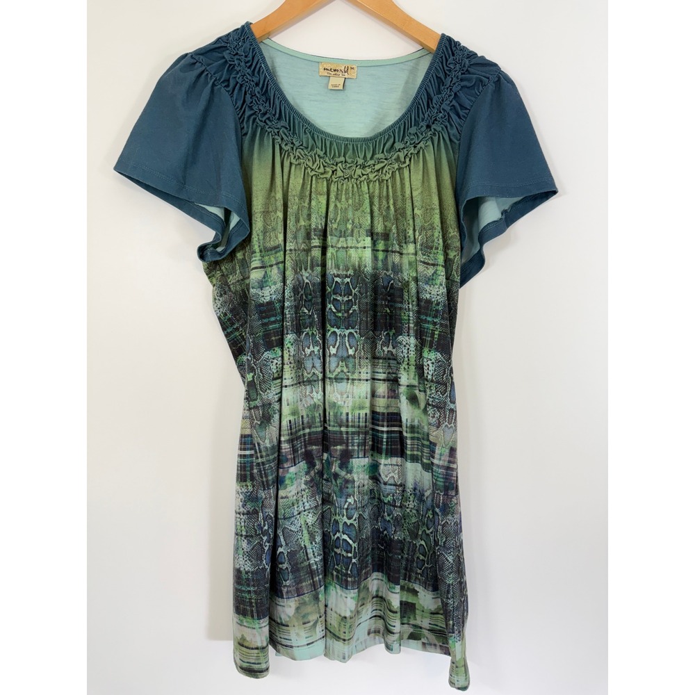 One World Live Let Live Green Blue Abstract Snake Print Ruffle Neck Top Medium M